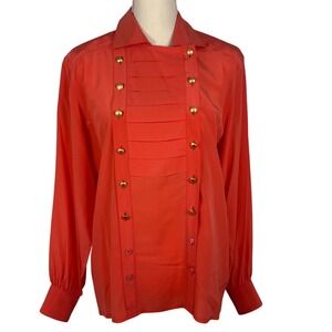Escada Margaretha Ley Vintage Silk Blouse Coral Red Military Gold Button 38 M